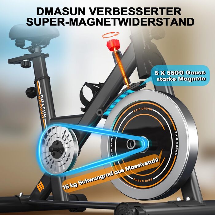 Велотренажер DMASUN: Тихий ергометр для дому з регулюванням опору, дисплеєм та підставкою для планшета. Ідеальний для кардіотренувань в приміщенні. Максимальне навантаження: 160 кг, колір - помаранчевий.