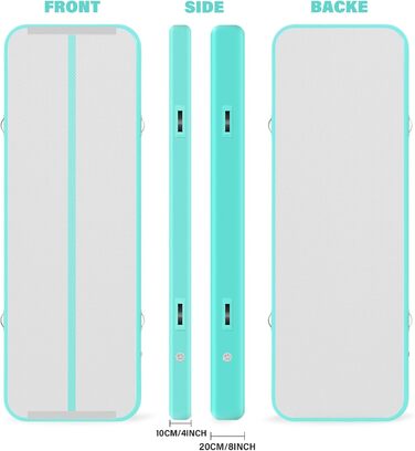 Надувний гімнастичний мат для дому, 300x100x10 см (м'ятно-зелений)