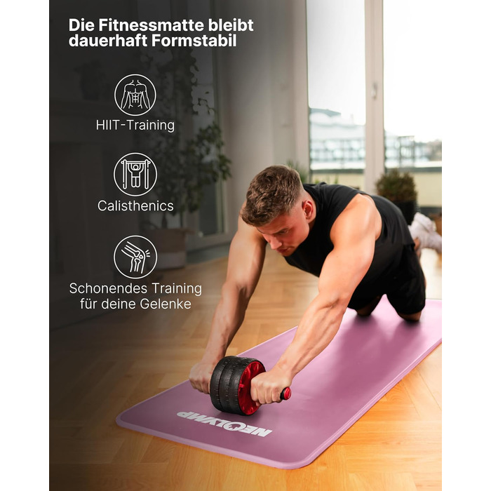 NEOLYMP Fitness Mat - Товста та неслизька фітнес-мат з E-book та ремінком - для йоги, пілатесу, тренувань (Рожева, 61 см)