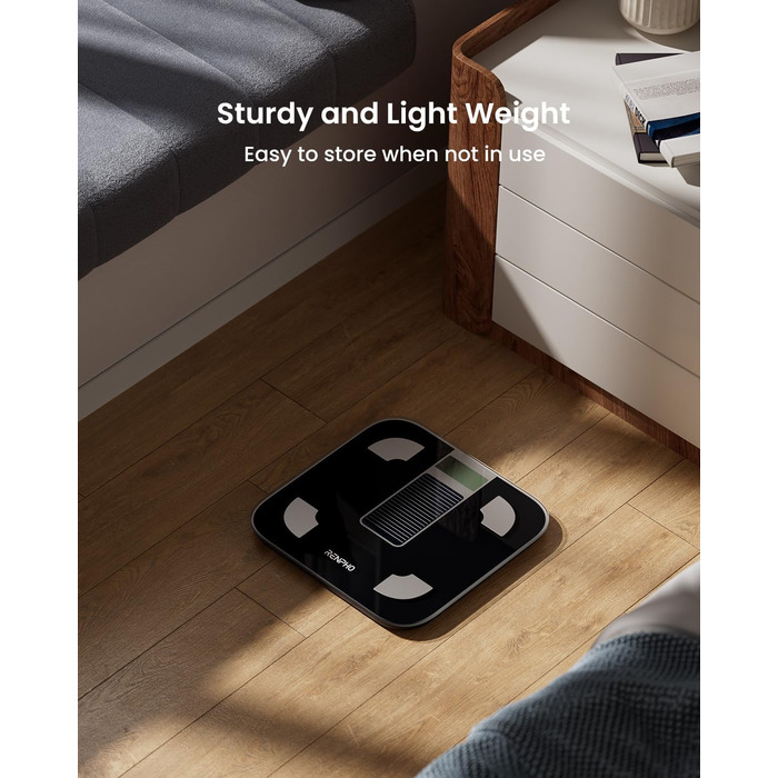 Електрична вага RENPHO з вимірюванням жиру, сонячна, точність 50г, до 180кг, з додатком, чорна