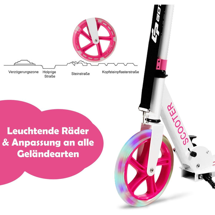 Дитячий трюковий самокат GOPLUS Roller Kinder 10 років, 3-ступенева регулювання висоти, алюмінієвий, з LED-колесами, гальмом, ременем та підставкою, до 100 кг (Рожевий)