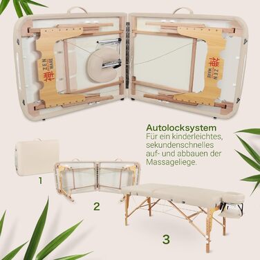 Масажний стіл Zen з круглими кутами, складний та регульований по висоті - професійний масажний стіл з цільного дерева з регульованою спинкою, підголівником, підлокітниками та кишенею (кремовий)