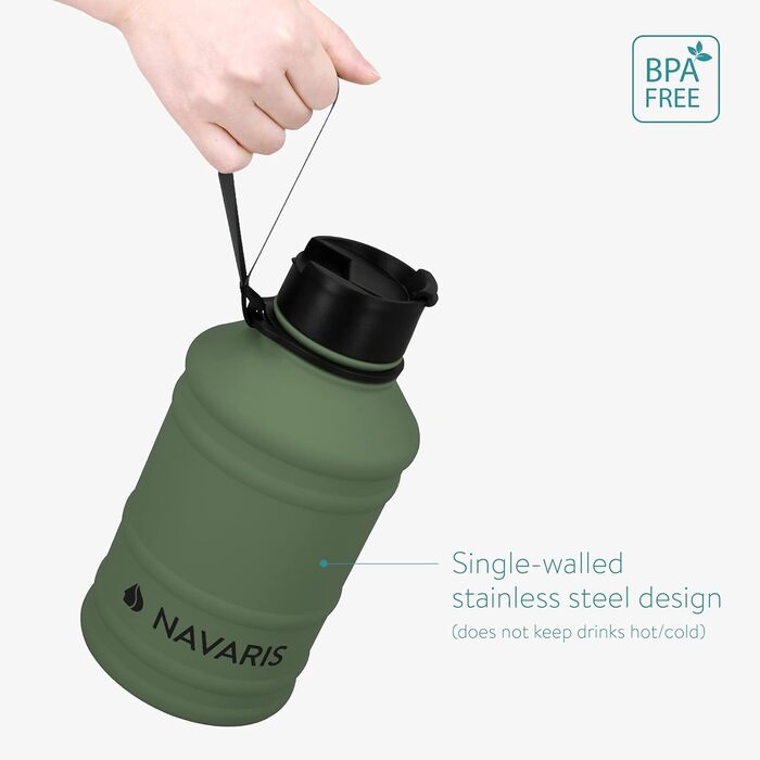 Navaris спортивна пляшка 2,2 л із нержавіючої сталі, темно-зелена, BPA-free, для води, спортзалу та фітнесу