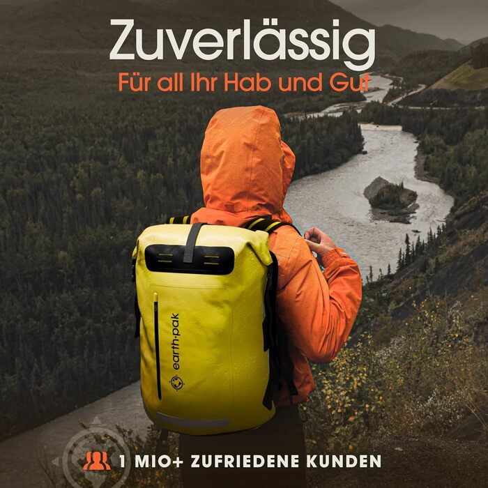 Водонепроникний рюкзак Earth Pak 55L з ролтопом, кишенею на блискавці та IPX8 водонепроникним чохлом для телефону (Жовтий)