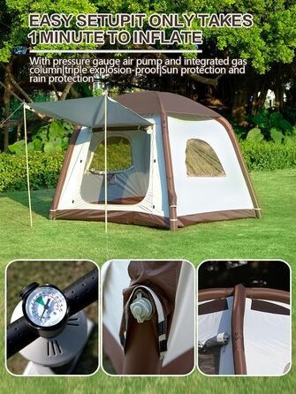 Надувний кемпінговий намет Glamping для 2/4/6/8 осіб 2025: швидкий монтаж, захист від дощу та москітної сітки, коричневий/бежевий