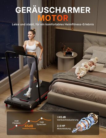 Біговий доріжки з нахилом 5%, компактний під стіл для дому та офісу, портативна бігова машина з LED дисплеєм, пульт дистанційного керування, вантажопідйомність 150 кг, 2.5HP тихий двигун (Чорний/Червоний)