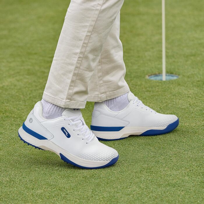Гольф-взуття FitVille для чоловіків з широкою колодкою. Широкі гольф-туфлі з шнурівкою, дихаючі, для тренувань. Сірий, білий, розмір 40-49 (50 EU, білий, синій)