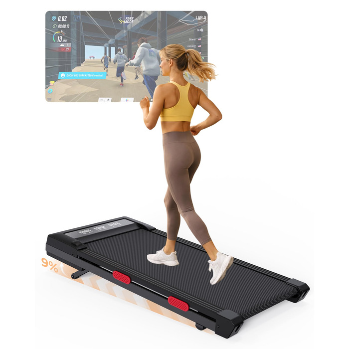 Бігова доріжка для ходьби MJWW Raceable з кутом нахилу 6-9%, 2.5/3.0 к.с., складана, для дому та офісу, з керуванням через APP, тиха, з AI-тренуваннями, LED-дисплеєм (90 см, чорний)