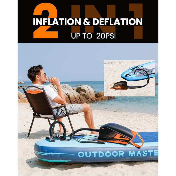OutdoorMaster Shark 3: Електричний насос для SUP з акумулятором - Швидке надування, 20PSI, 74Wh. Підходить для SUP, човнів та надувних виробів. 8 насадок, 12V/15.8V DC та Type-C живлення.