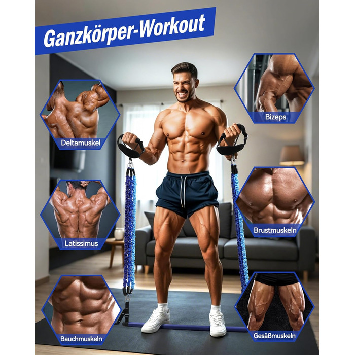 Набір для пілатесу з еластичними стрічками та стержнем, 4 рівні опору (180LBS/140LBS/240LBS/360LBS), для фітнесу, йоги, тренажерного залу, колір градієнт блакитний