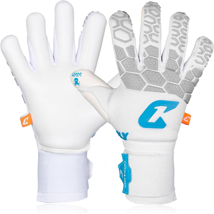 Воротарські рукавички CATCH & KEEP Fly Soul: Професійні, Octopus Grip, Hybrid Cut, дихаюча сітка, Punching Zone 3.0, білі