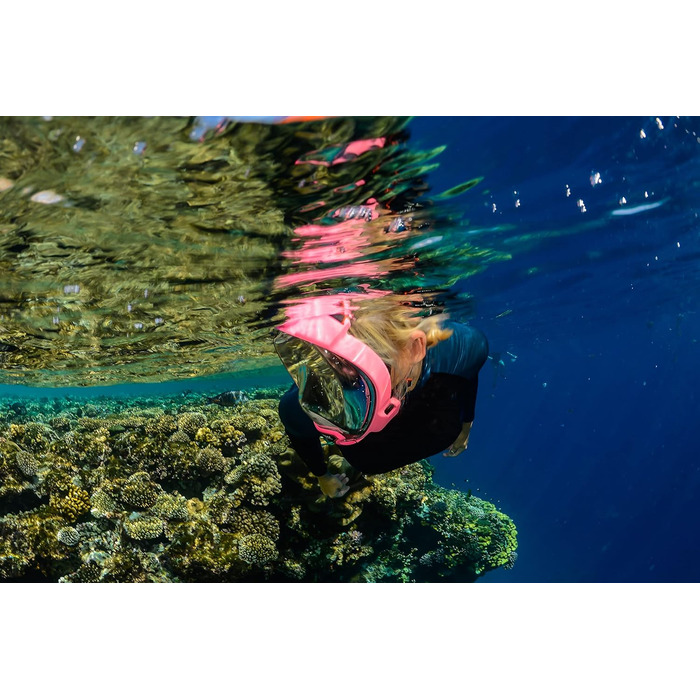 Маска для снорклінгу OCEAN REEF Aria QR з трубкою - повна маска, рожевий колір (S/M)