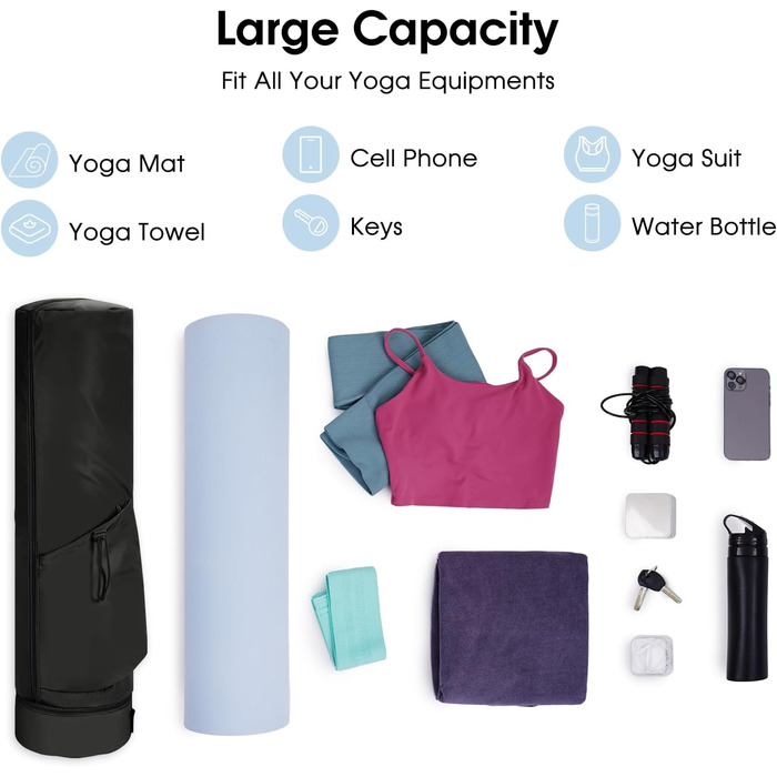 Сумка для йоги Yogatasche Damen чорна з відділенням для мокрого одягу та тримачем для пляшки, сумка для килимка для йоги з регульованим ременем