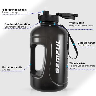 Пляшка спортивна GEMFUL 3л з мітками часу, соломинкою та ручкою, BPA-free, герметична, для фітнесу, тренувань та активного зволоження (Сіра/Чорна)