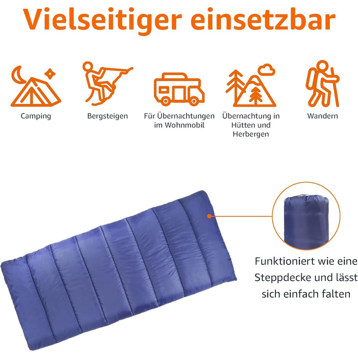 Спальний мішок Amazon Basics 4 сезони, для холодної та теплої погоди, для кемпінгу та піших прогулянок, прямокутний, блакитний