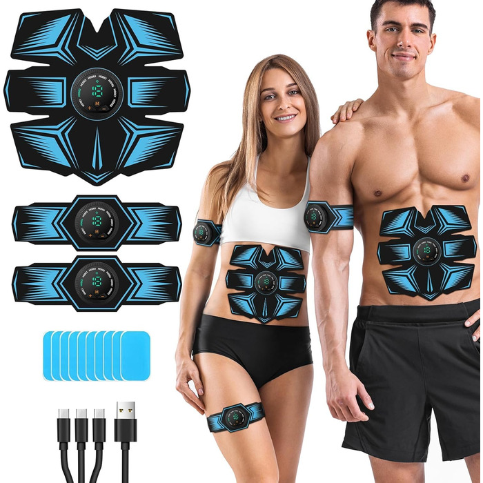 Електричний тренажер для пресу EMS, пристрій для стимуляції м'язів, USB-зарядка, 8 режимів тренування та 19 рівнів інтенсивності для пресу, рук, стегон та ніг, для жінок та чоловіків (блакитний)
