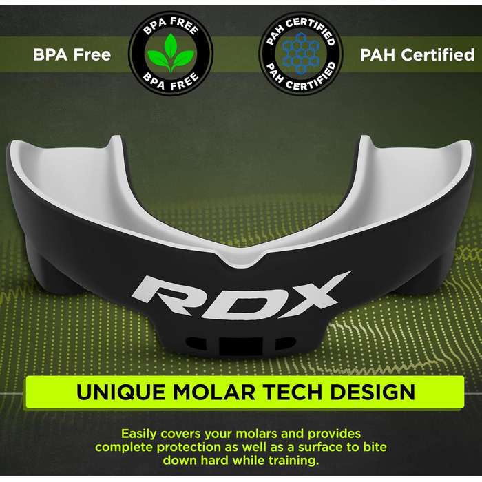 Захист для зубів RDX для бойових видів спорту: MMA, кікбоксинг, хокей, футбол, муай-тай, регбі. Зручна коробка для зберігання. Підходить для дорослих та юніорів (від 12 років).