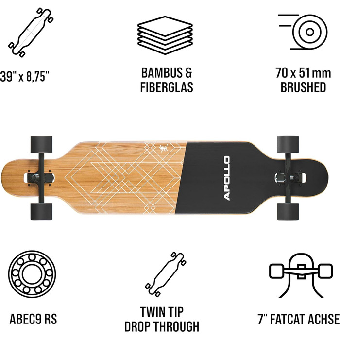 Лонгборд Apollo Bali Slide, бамбук і скловолокно, ABEC 9, Flex 2, для підлітків і дорослих, професійний круїзер