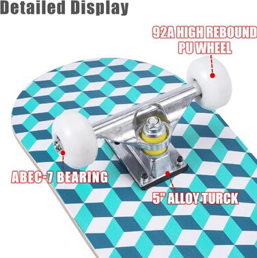 Скейтборд ERNAN 31x8 дюймів, Комплект для дітей, підлітків та дорослих, 7 шарів клена, Конкавний скейт (Ocean Plaid)