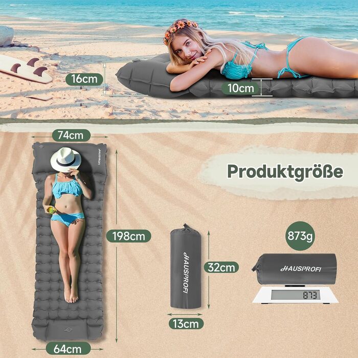 Килимок для кемпінгу HAUSPROFI Isomatte: ультралегкий надувний матрац з насосом та подушкою, для туризму, пляжу, відпочинку на природі (сірий)