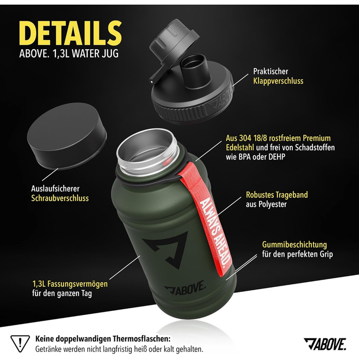 Пляшка для води з нержавіючої сталі ABOVE 1.3L або 2.2L, BPA-free, герметична, для спорту, фітнесу та активного відпочинку, оливково-червона, не термос