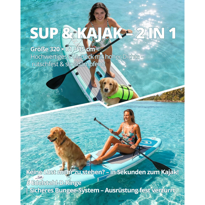 SUP дошка Premium Allround для початківців та досвідчених, з сидінням, до 200 кг, 320x81x15 см, м'ятно-бірюзово-біла + тримач для камери