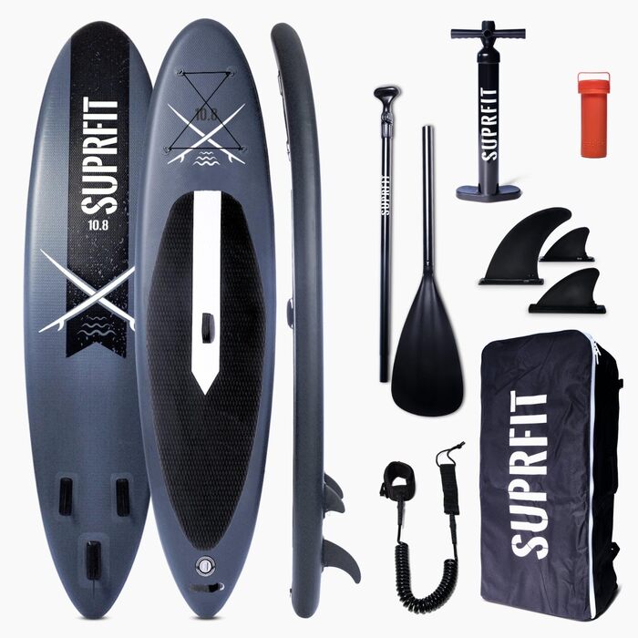 SUPRFIT Надувний SUP Борд для Станд-Ап Падлінгу, Комплект, 330 x 78 x 15 см, до 140 кг, Сірий/Чорний