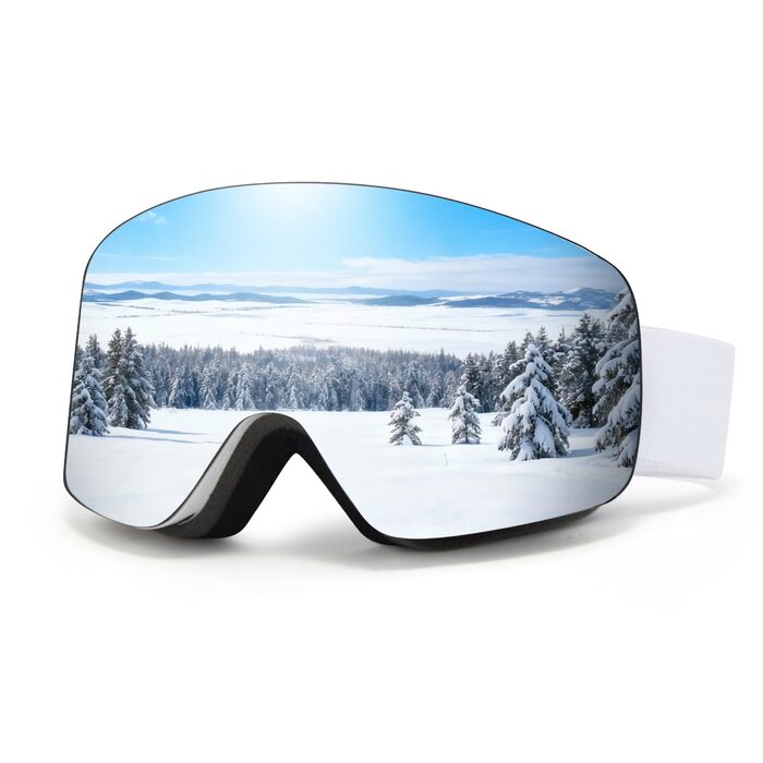 Скі-маска для дорослих (чоловіків та жінок) YH227, сноуборд маска для носіння з окулярами, Anti Fog OTG, захист від сонця UV, антиковзне наголов'я, повне REVO-дизайн, білий/сріблястий, VLT 13%