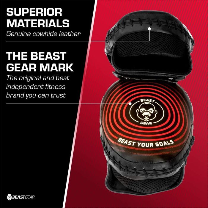 Лапи для боксу Beast Gear з натуральної шкіри, вигнуті, з підтримкою зап'ястя та регульованим ременем для хук, джебу, MMA, кікбоксингу та муай-тай