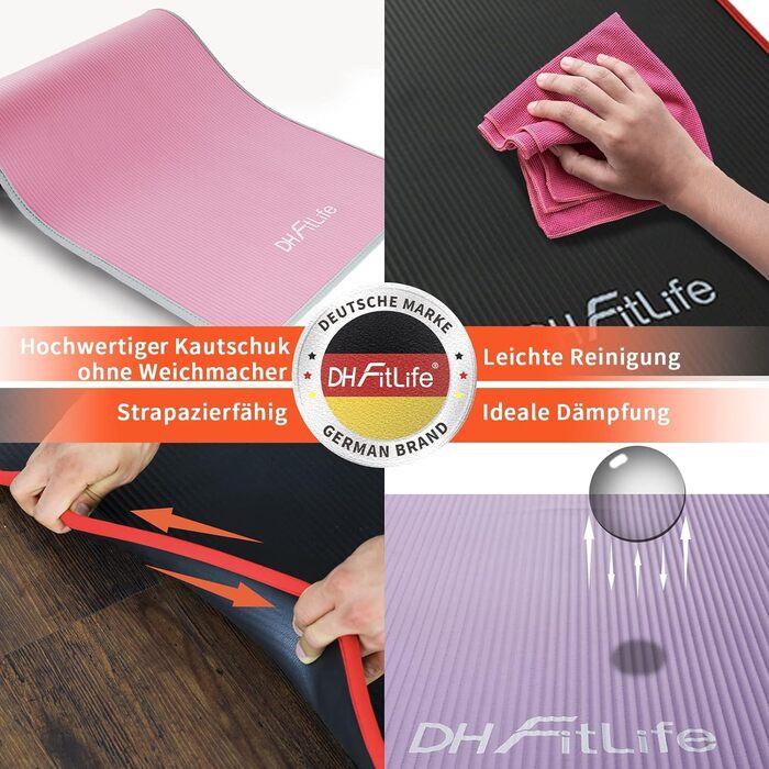 DH FitLife Килимок для фітнесу та йоги 183×61×1 см, товстий, нековзний, міцний, рожевий