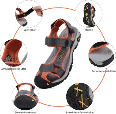 Чоловічі сандалі для пляжу, гір та трекінгу з текстильними ремінцями, водонепроникні, темно-сірі з помаранчевим, 47 EU