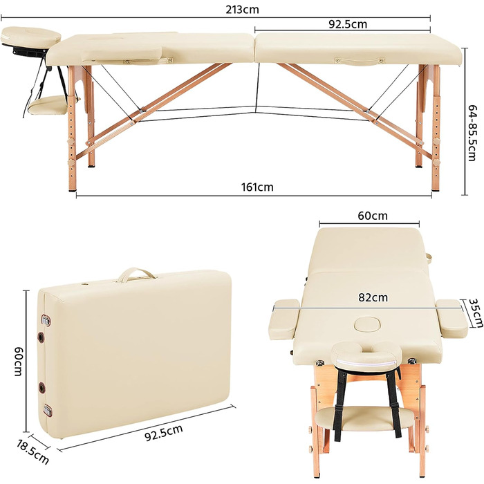 Масажний стіл Yaheetech з 2 зонами, портативний, регульована висота, дерев'яні ніжки, з підголовником та підлокітниками, 213 x 82 x 85,5 см, до 250 кг, кремовий