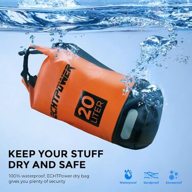 Водонепроникний мішок ECHTPower Dry Bag 5L/10L/20L для плавання, каякінгу, SUP з регульованим ремінцем та світловідбиваючими смугами (зелений, помаранчевий)