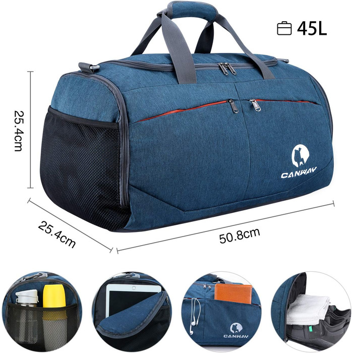 CANWAY складна спортивна сумка 45L з окремим відділенням для взуття та брудного одягу, легка дорожня сумка для чоловіків і жінок