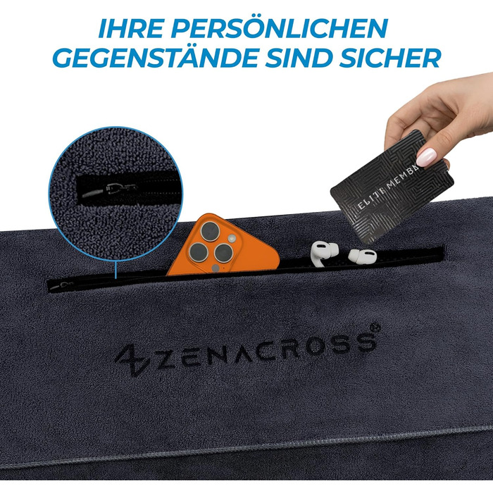 Рушник для фітнесу з мікрофібри 120x50 см - швидковисихаючий, з кишенею на блискавці, м'який спортивний рушник для спортзалу та фітнесу, темно-сірий
