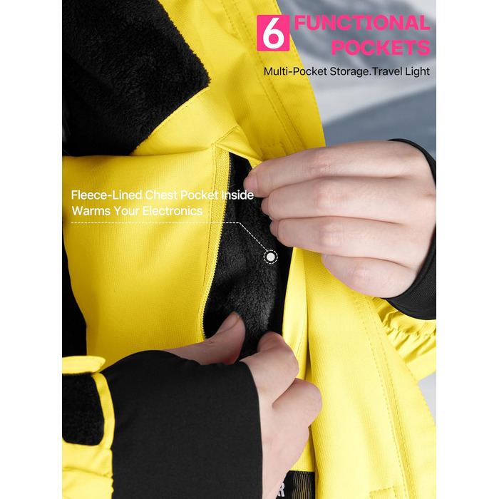 Жіноча водонепроникна куртка для катання на лижах FREE SOLDIER з флісовою підкладкою та капюшоном. Тепла зимова куртка-дощовик XXL, кремовий/жовтий колір