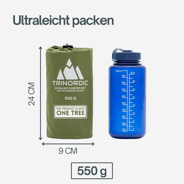 Надувна ізольована килимок TRINORDIC 550g з подушкою - для кемпінгу, трекінгу та бікпакінгу, компактний, Waldgrün