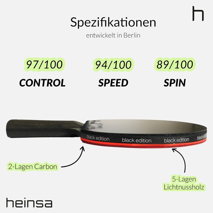 Турнічний стіл тенісний набір Heinsa Carbon Profi Black Edition: ракетка, м'ячі, сумка, легке дерево, ITTF, преміум-якість