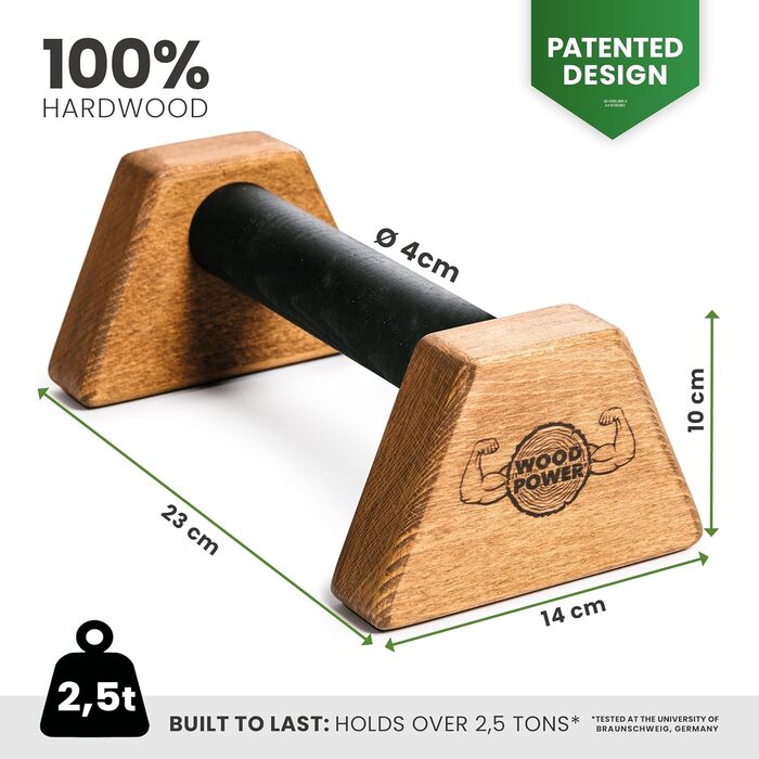 Дерев'яні упори WOODPOWER PowerBars для віджимань і стійки на руках, нековзкі паралетси для каллістеніки, йоги, тренувань вдома та на вулиці, коричневі