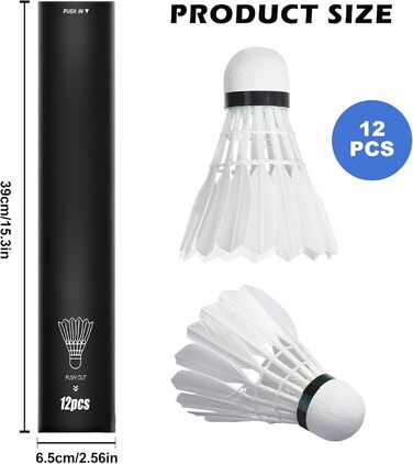 Волан для бадмінтону, 12 шт. - Натуральні пір'я, для гри в приміщенні та на вулиці, міцні та довговічні, білі