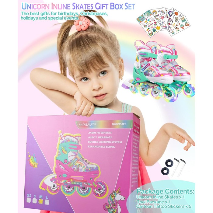 Інлайнерочки Єдиноріг для дівчаток, дитячі ролики, розмір регулюється, світлові колеса, рожево-фіолетовий колір, для початківців