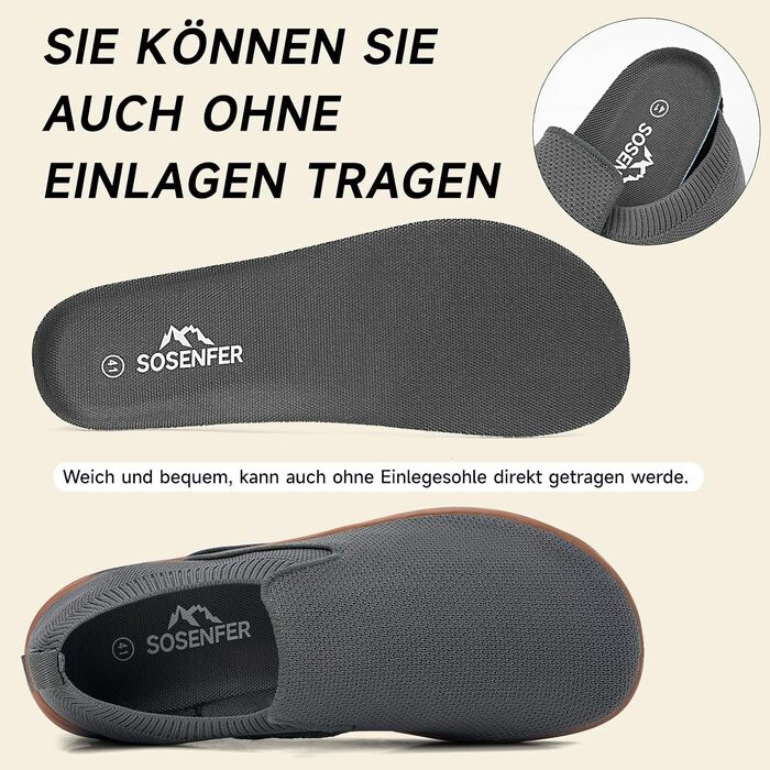 Кросівки-босоніжки Sosenfer Barefoot для чоловіків та жінок, дихаючі слипони з широким носком, темно-сірі (розмір 46 EU)