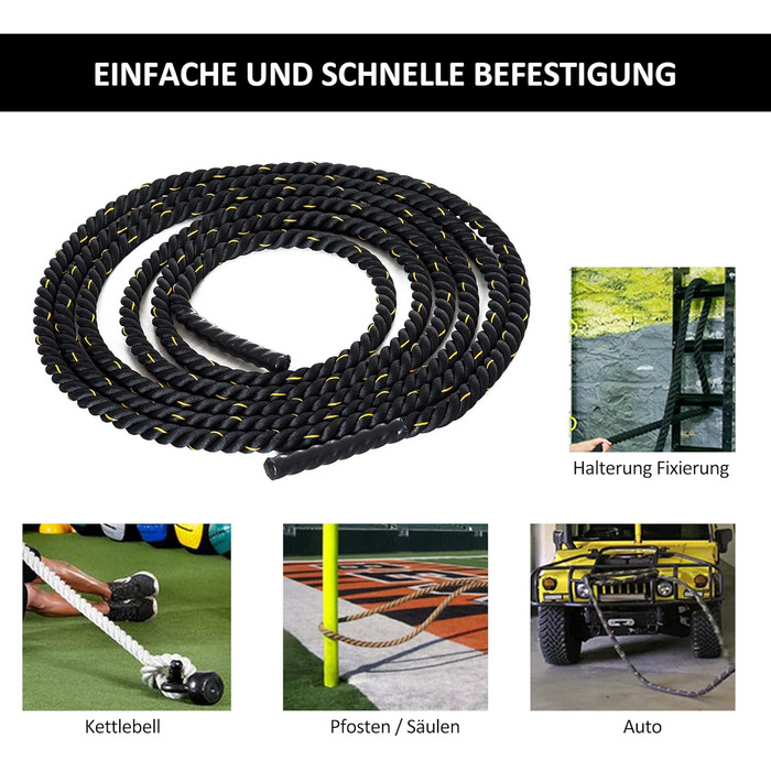 Тренажерська мотузка HOMCOM для силових тренувань, Ø38 мм, 9 м, чорно-жовта