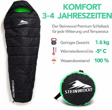 Спальний мішок Steinwood Premium Koppelbar, 210 см, 3-4 сезон, для походів, чорний/зелений, двосторонній блискавка