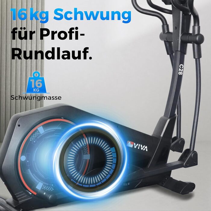 Еліптичний тренажер AsVIVA C28 Pro - 16 кг маховик, тихий ремінний привід, електричне регулювання опору, фітнес-комп'ютер, транспортні ролики
