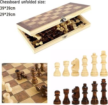 Шаховий набір 3-в-1 – складаний дерев'яний шаховий комплект для подорожей (29*29 см)