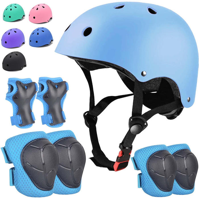 Дитячий велосипедний шолом Kinder-Fahrradhelm з набором захисту (наколінники, налокітники, рукавиці) для хлопчиків та дівчаток 3-8 років, блакитний, розмір S (48-54 см)