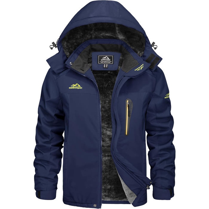 Зимова куртка KEFITEVD для чоловіків, водонепроникна, тепла, з підкладкою, для катання на лижах, спортивна, вітронепроникна, дихаюча, функціональна з відстібаною капюшоном (M, Темно-синій)
