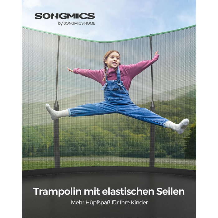 Трамплін SONGMICS Federloses Ø 244/305/366 см, Outdoor для дітей, з сіткою, склопластикові стійки, безпечний, тихий, зелений