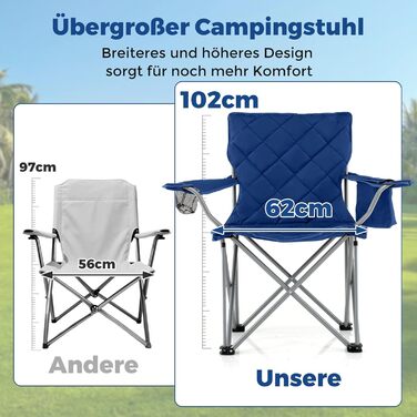 Крісло для кемпінгу Costway XXL, 227 кг, з підлокітниками та кишенею для напоїв, для відпочинку на природі, риболовлі, дачі, пляжу (Navy)